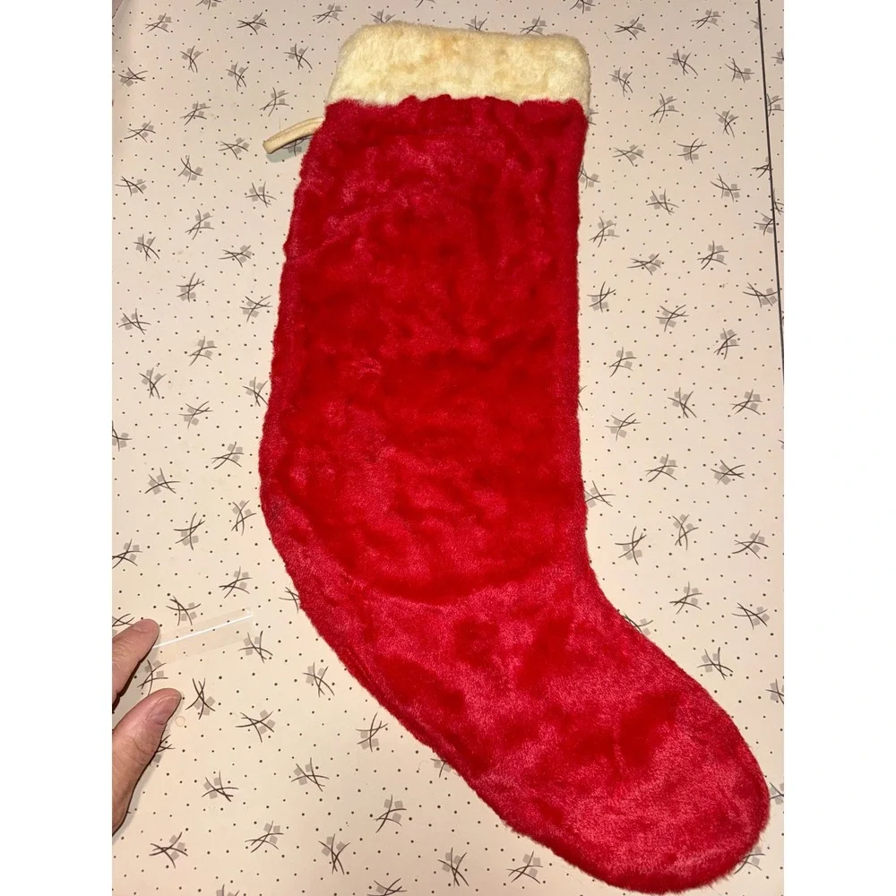 Vintage 80s Christmas Stocking Red Plush White Poodle Applique Faux Fur Cuff